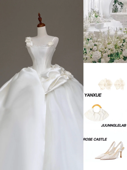 Unique Bridal Gown Ball Gown Straps White Satin Wedding Dresses Bridal Gowns DP638