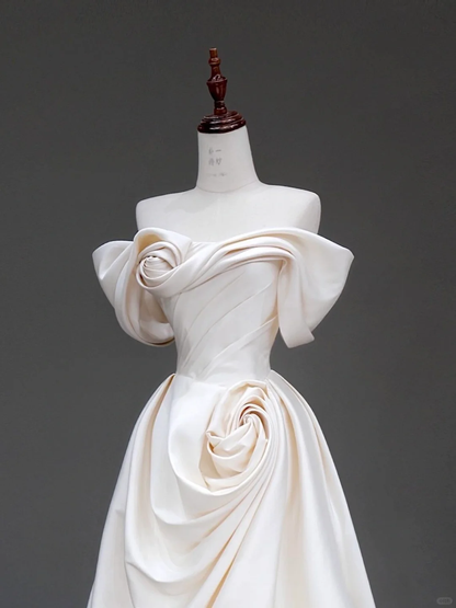 Classy Elegant A Line Off The Shoulder Flowers Satin Long Wedding Dress Brides Dress DP639