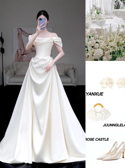Classy Elegant A Line Off The Shoulder White Satin Long Wedding Dress Brides Dress DP644