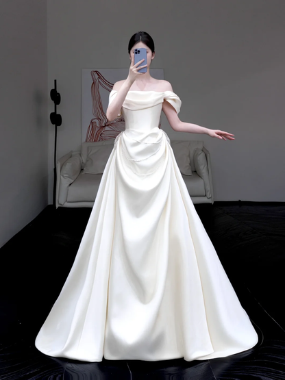 Classy Elegant A Line Off The Shoulder White Satin Long Wedding Dress Brides Dress DP644