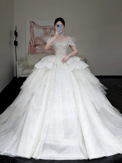 Luxury Ball Gown Wedding Dresses Off The Shoulder Short Sleeves Sequin Wedding Dress With Train DP658