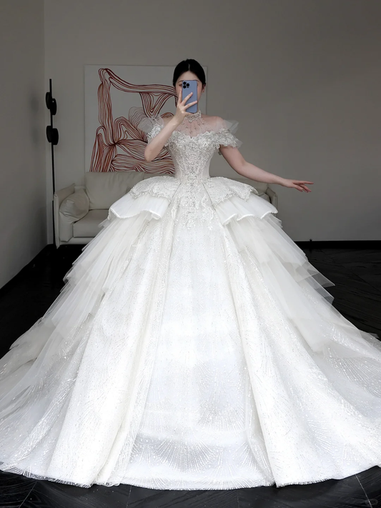 Luxury Ball Gown Wedding Dresses Off The Shoulder Short Sleeves Sequin Wedding Dress With Train DP646