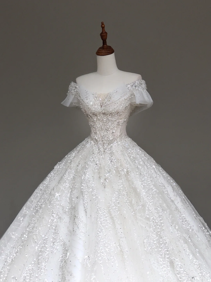 Luxury Ball Gown Wedding Dresses Off The Shoulder Short Sleeves Sequin Wedding Dress With Train DP648