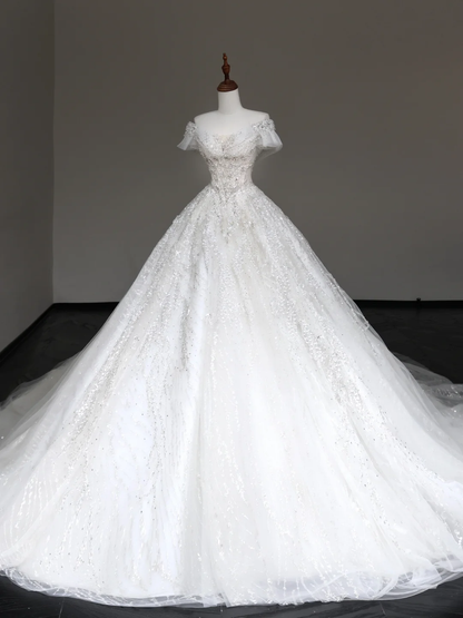 Luxury Ball Gown Wedding Dresses Off The Shoulder Short Sleeves Sequin Wedding Dress With Train DP648