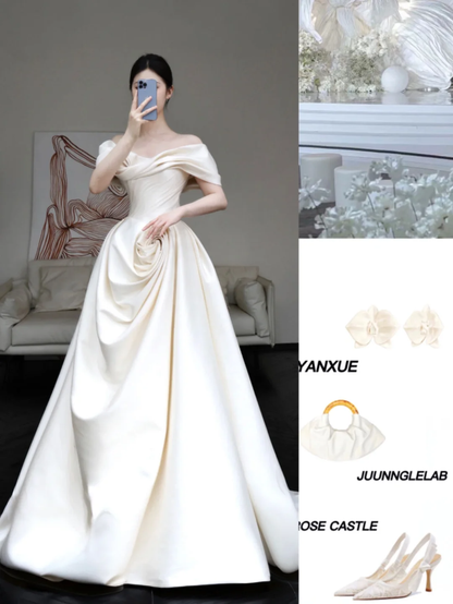 Classy Elegant A Line Off The Shoulder White Satin Long Wedding Dress Brides Dress DP649
