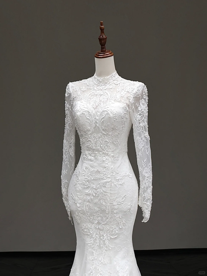Vintage Mermaid High Neckline White Long Sleeves Lace Wedding Dress Elegant Brides Dress DP652