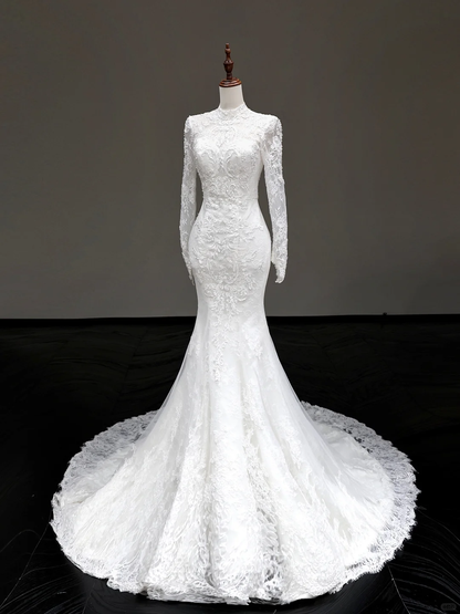 Vintage Mermaid High Neckline White Long Sleeves Lace Wedding Dress Elegant Brides Dress DP652