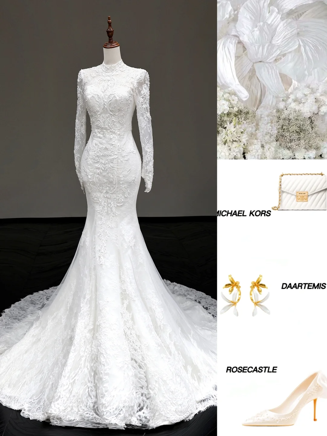 Vintage Mermaid High Neckline White Long Sleeves Lace Wedding Dress Elegant Brides Dress DP652