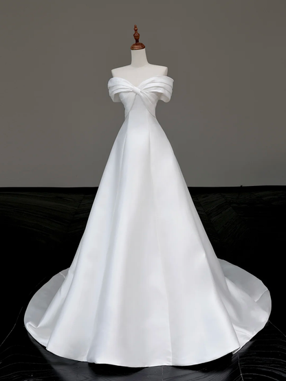 Classy Elegant A Line Off The Shoulder White Satin Long Wedding Dress Brides Dress DP653