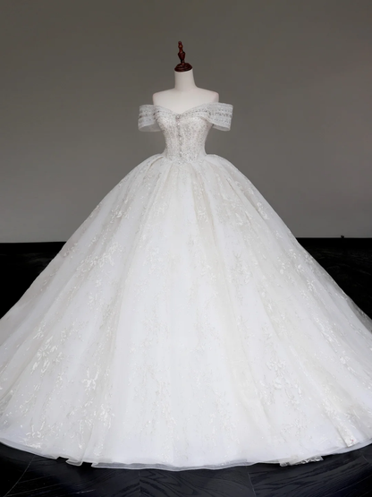 Luxury Ball Gown Wedding Dresses Off The Shoulder Short Sleeves Lace Wedding Dress With Train DP654