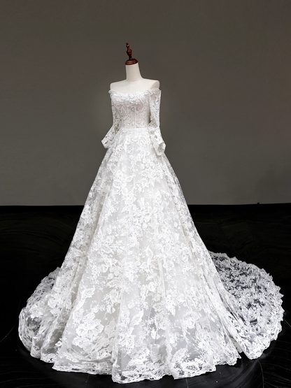 Classy Elegant A Line Off The Shoulder White Lace Long Sleeves Wedding Dress Brides Dress DP656