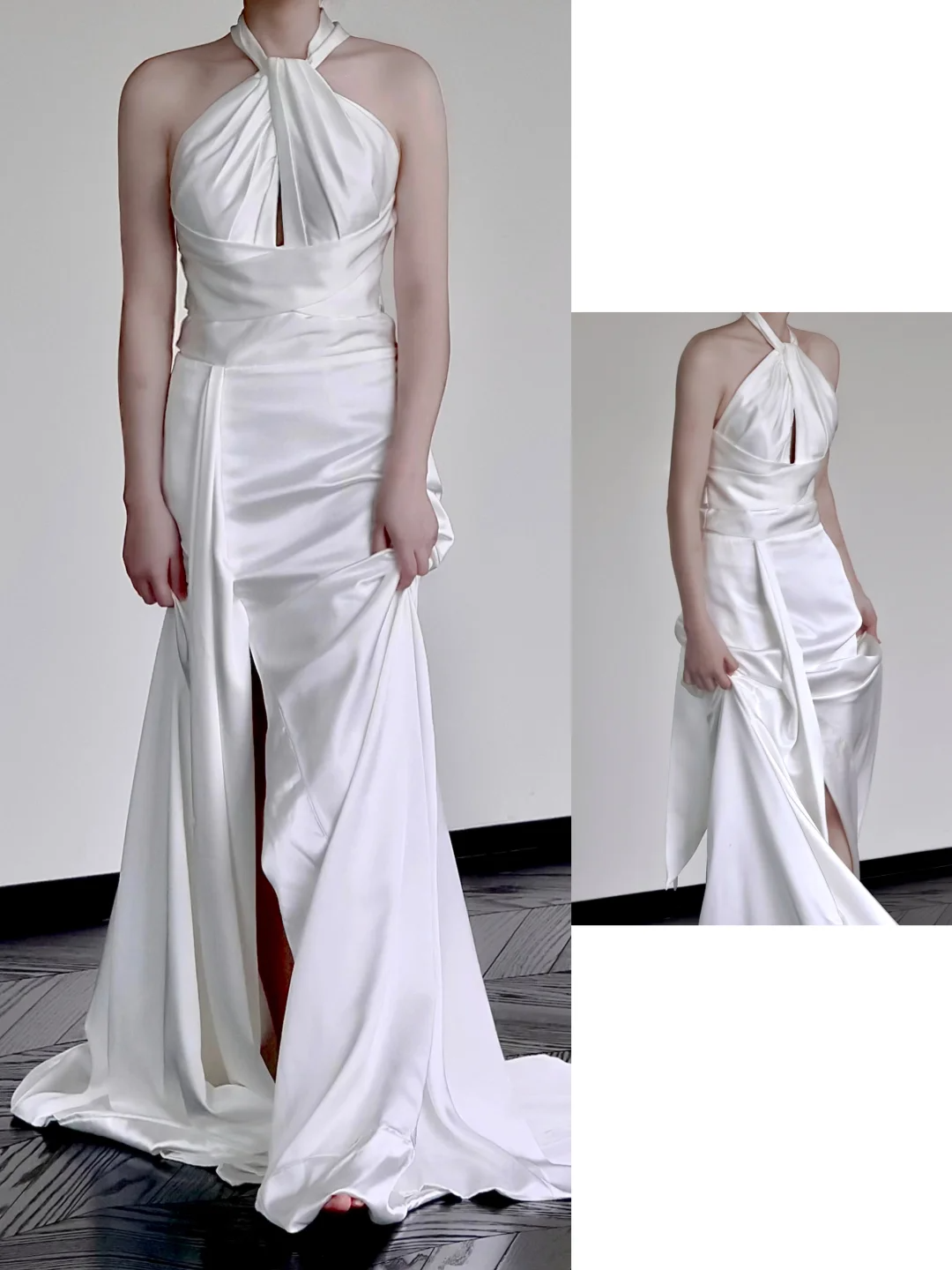 Unique Bridal Gown A Line Halter White Satin Wedding Dresses Bridal Gowns DP662