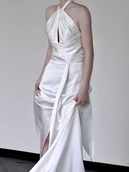 Unique Bridal Gown A Line Halter White Satin Wedding Dresses Bridal Gowns DP662