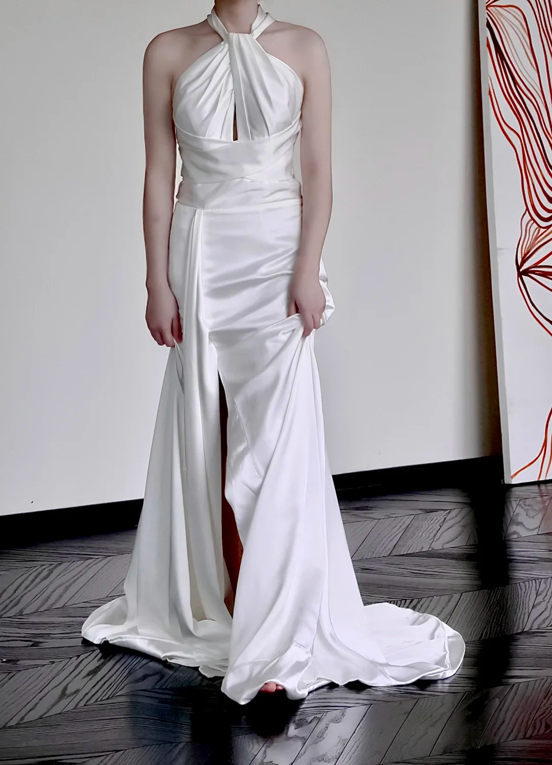 Unique Bridal Gown A Line Halter White Satin Wedding Dresses Bridal Gowns DP662