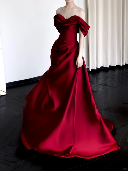 Gorgeous Mermaid Off The Shoulder Burgundy Satin Long Prom Dresses Graduation Dresses DP665