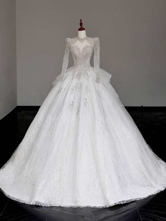 Unique Bridal Gown Ball Gown High Neckline Long Sleeves White Lace Wedding Dresses Bridal Gowns DP667