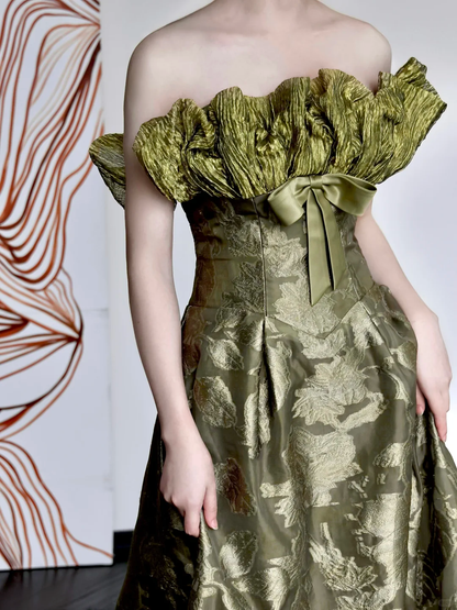 Gorgeous A line Strapless Green Satin Long Prom Dresses Graduation Dresses DP668