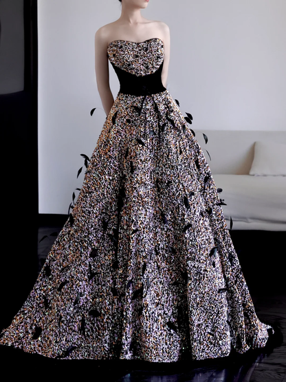 Gorgeous Ball Gown Strapless Black Sequin Long Prom Dresses Graduation Dresses DP669
