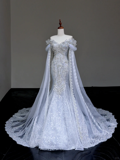 Classy Elegant Mermaid Off The Shoulder Sequin Blue Long Sleeves Wedding Dress Brides Dress DP672