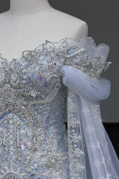 Classy Elegant Mermaid Off The Shoulder Sequin Blue Long Sleeves Wedding Dress Brides Dress DP672