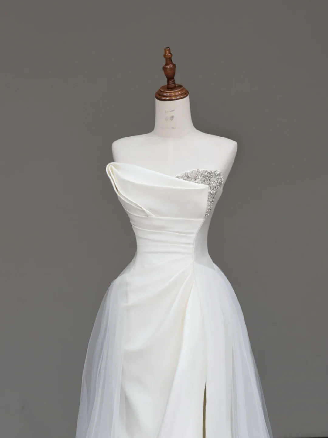 Unique Bridal Gown Mermaid Strapless White Satin Wedding Dresses Slit Bridal Gowns DP679