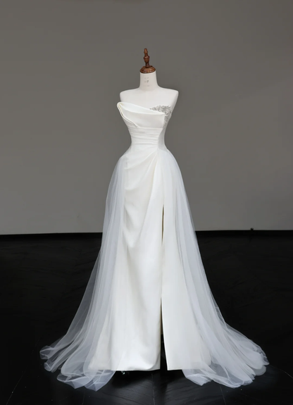 Unique Bridal Gown Mermaid Strapless White Satin Wedding Dresses Slit Bridal Gowns DP679