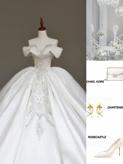 Classy Elegant Ball Gown Off The Shoulder Sequin White Short Sleeves Wedding Dress Brides Dress DP681