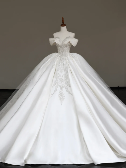 Classy Elegant Ball Gown Off The Shoulder Sequin White Short Sleeves Wedding Dress Brides Dress DP681