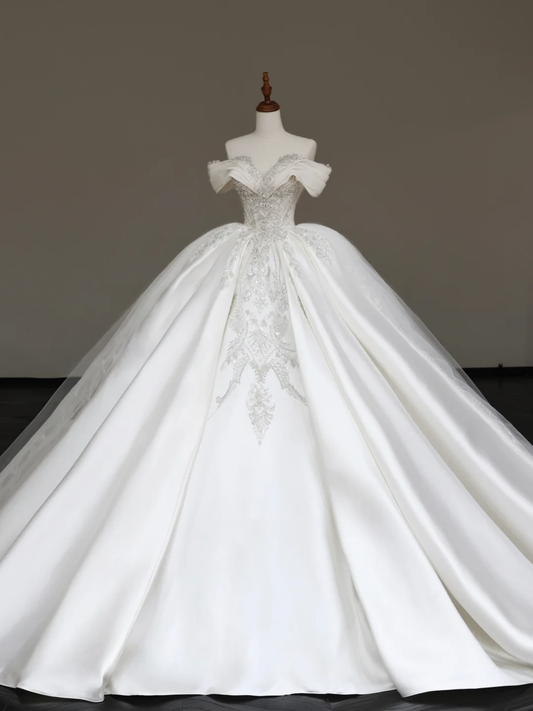 Classy Elegant Ball Gown Off The Shoulder Sequin White Short Sleeves Wedding Dress Brides Dress DP681