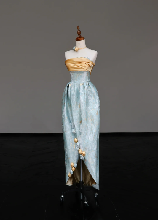 Gorgeous A Line Strapless Satin Blue Long Prom Dresses Graduation Dresses DP683