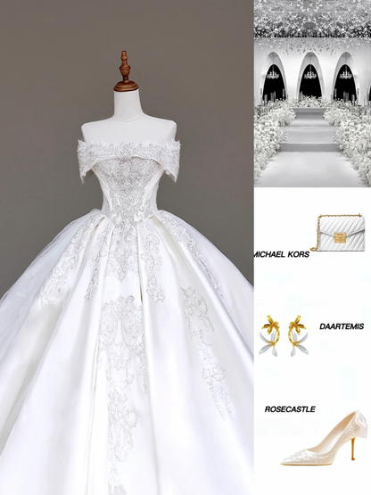 Classy Elegant Ball Gown Off The Shoulder Sequin White Short Sleeves Wedding Dress Brides Dress DP685
