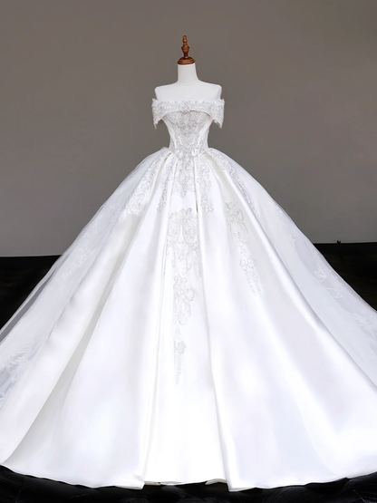 Classy Elegant Ball Gown Off The Shoulder Sequin White Short Sleeves Wedding Dress Brides Dress DP685