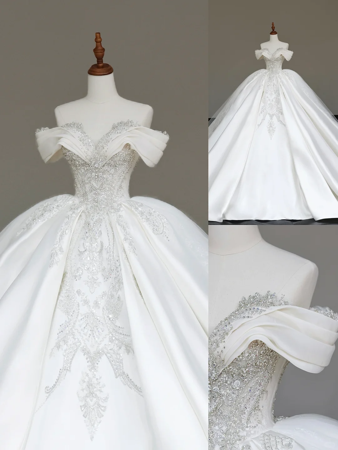 Classy Elegant Ball Gown Off The Shoulder Sequin White Short Sleeves Wedding Dress Brides Dress DP687