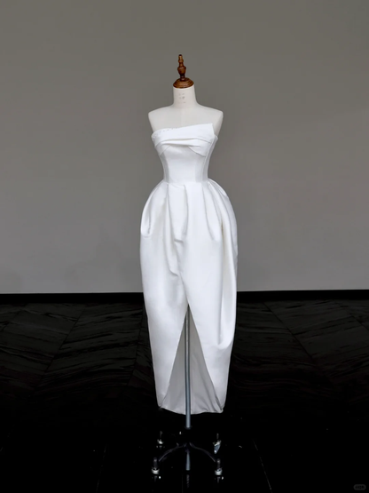 Unique Bridal Gown A line Strapless Satin Ivory Wedding Dresses Minimalist Bridal Gowns DP691