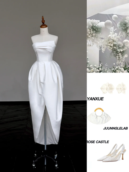 Unique Bridal Gown A line Strapless Satin Ivory Wedding Dresses Minimalist Bridal Gowns DP691