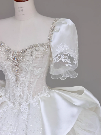 Classy Elegant Ball Gown Sweetheart White Short Sleeves Satin Wedding Dress Brides Dress DP692