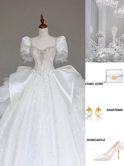 Classy Elegant Ball Gown Sweetheart White Short Sleeves Satin Wedding Dress Brides Dress DP692