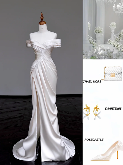 Unique Bridal Gown Mermaid Off The Shoulder Satin Ivory Slit Wedding Dresses Bridal Gowns DP694