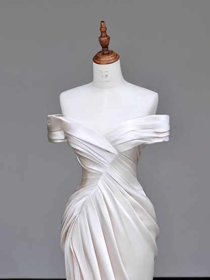 Unique Bridal Gown Mermaid Off The Shoulder Satin Ivory Slit Wedding Dresses Bridal Gowns DP694