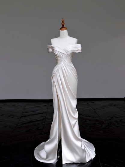 Unique Bridal Gown Mermaid Off The Shoulder Satin Ivory Slit Wedding Dresses Bridal Gowns DP694