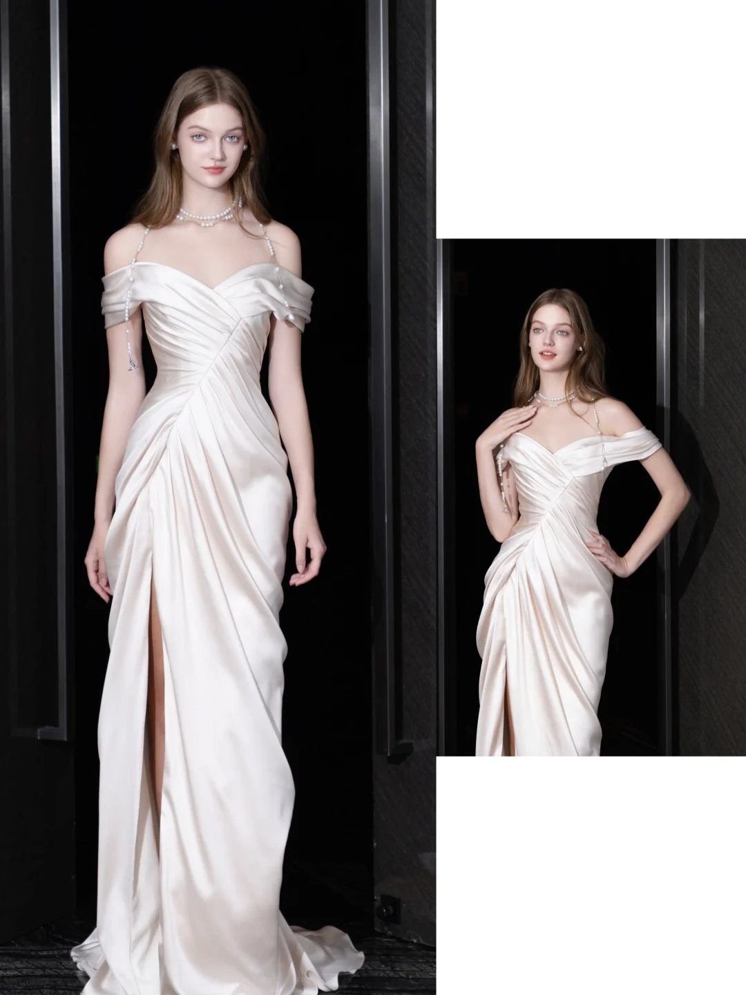 Unique Bridal Gown Mermaid Off The Shoulder Satin Ivory Slit Wedding Dresses Bridal Gowns DP694