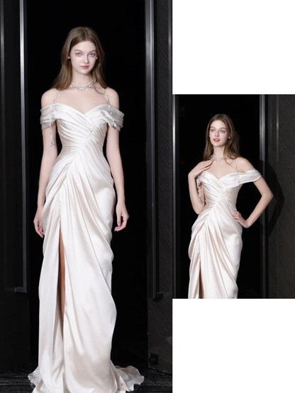 Unique Bridal Gown Mermaid Off The Shoulder Satin Ivory Wedding Dresses Bridal Gowns DP698