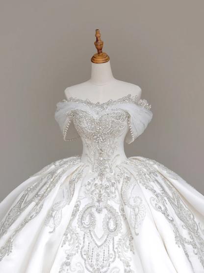 Classy Elegant Ball Gown Off The Shoulder Sequin White Short Sleeves Wedding Dress Brides Dress DP699