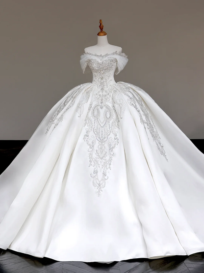 Classy Elegant Ball Gown Off The Shoulder Sequin White Short Sleeves Wedding Dress Brides Dress DP699