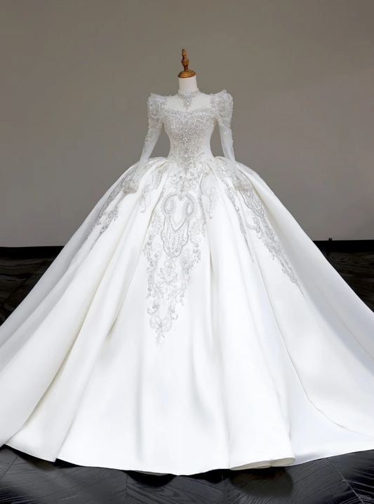 Unique Bridal Gown Ball Gown Sweetheart Long Sleeves White Sequin Wedding Dresses Bridal Gowns DP706
