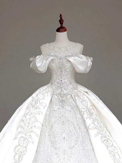 Classy Elegant Ball Gown Off The Shoulder Satin White Short Sleeves Wedding Dress Brides Dress DP711