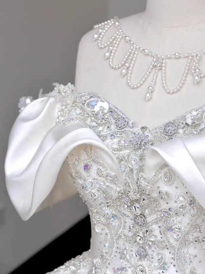 Classy Elegant Ball Gown Off The Shoulder Satin White Short Sleeves Wedding Dress Brides Dress DP711