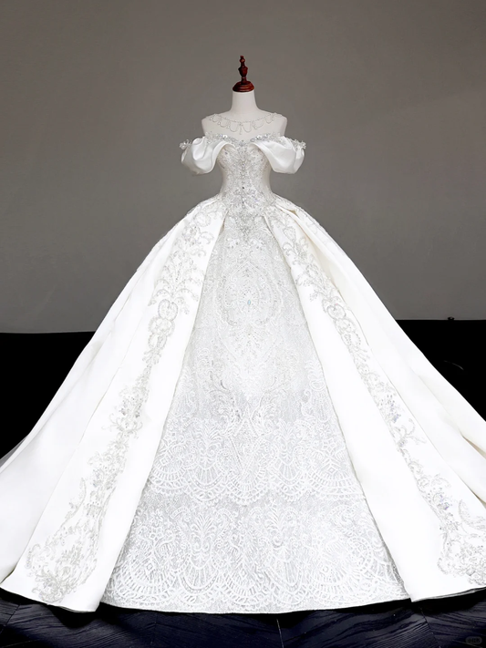 Classy Elegant Ball Gown Off The Shoulder Satin White Short Sleeves Wedding Dress Brides Dress DP711