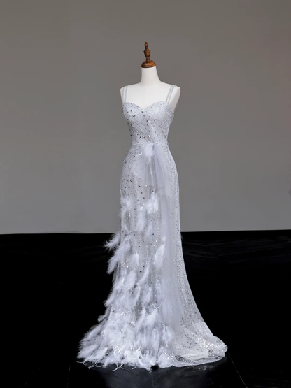 Gorgeous A Line Spaghetti Straps Sequin Silver Long Prom Dress Party Dress Graduation Dresses DP713