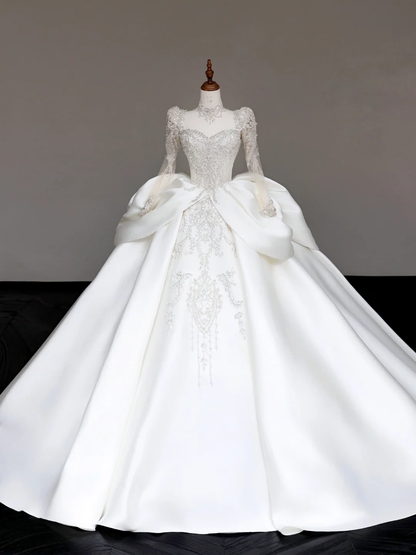 Unique Bridal Gown Ball Gown Sweetheart Long Sleeves White Sequin Wedding Dresses Bridal Gowns DP714